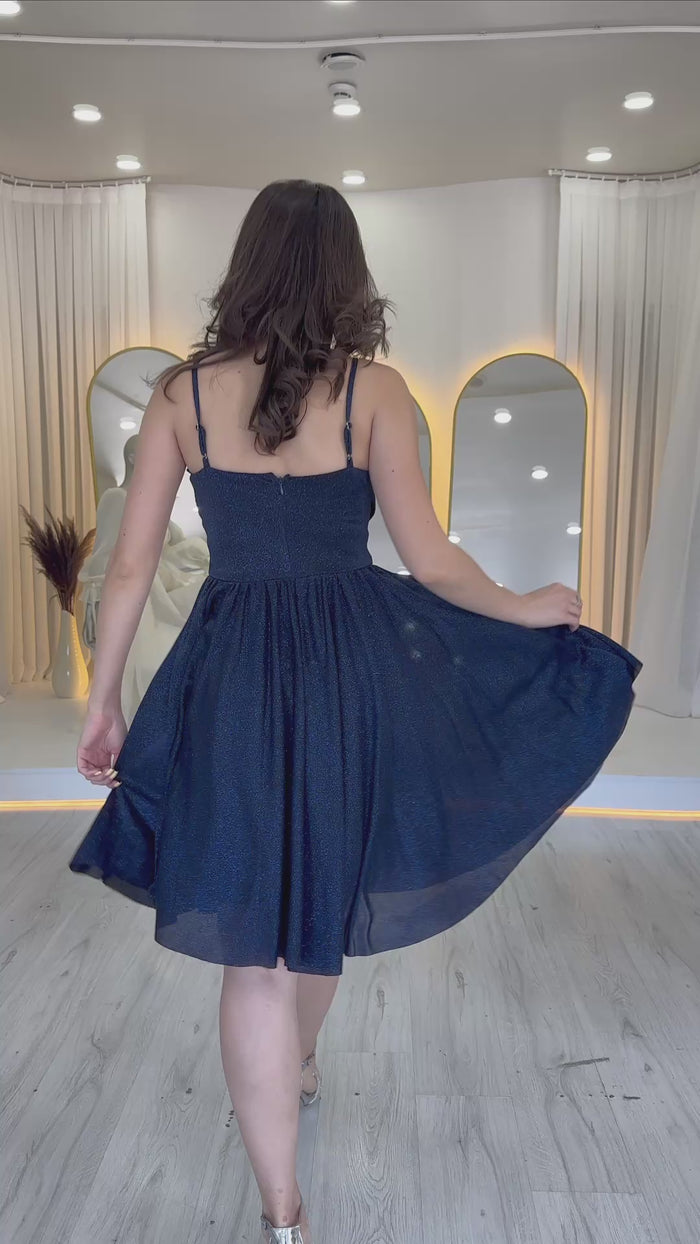 Lacivert Simli Drape Detay Askılı Mini Kloş Abiye Elbise