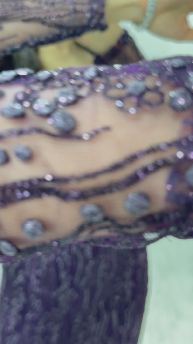 Mor Kare Yaka Simli Uzun Kol Midi Abiye Elbise