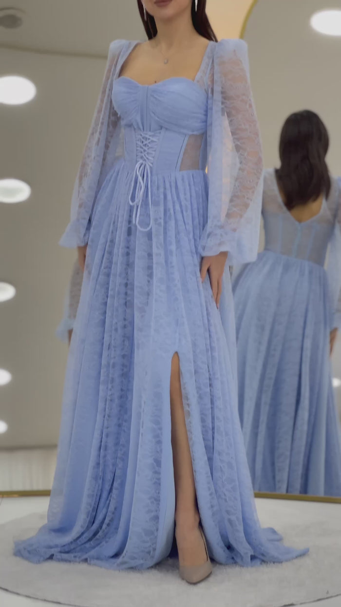 Dantel Kumaş Korse Detaylı Uzun Yırtmaçlı Abiye Elbise