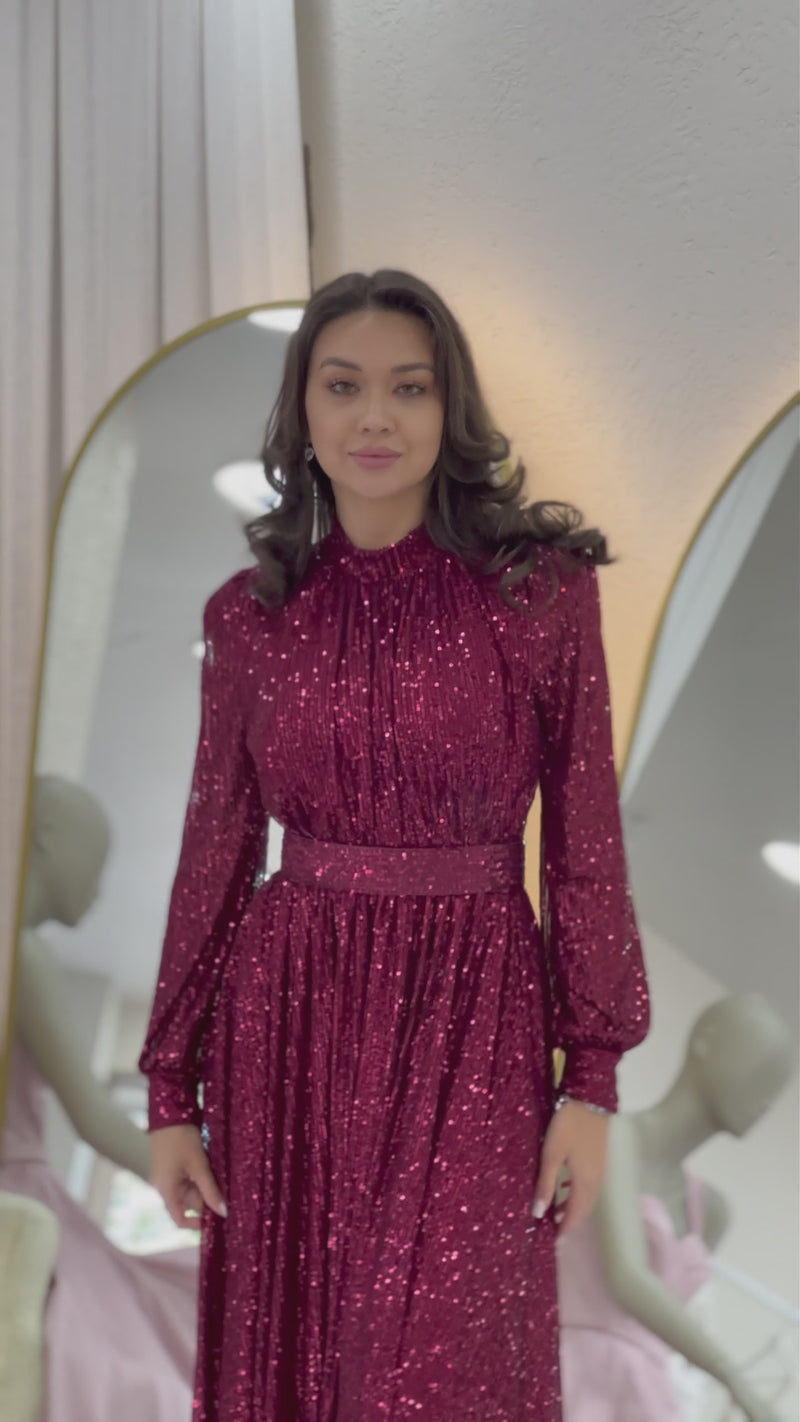 Bordo Pul Payet Büzgü Detay Maxi Abiye Elbise