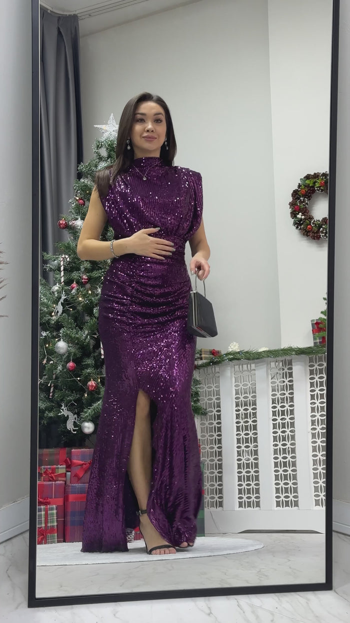 Mürdüm Dik Yaka Kuşak Detay Yırtmaçlı Pul Payet Abiye Elbise