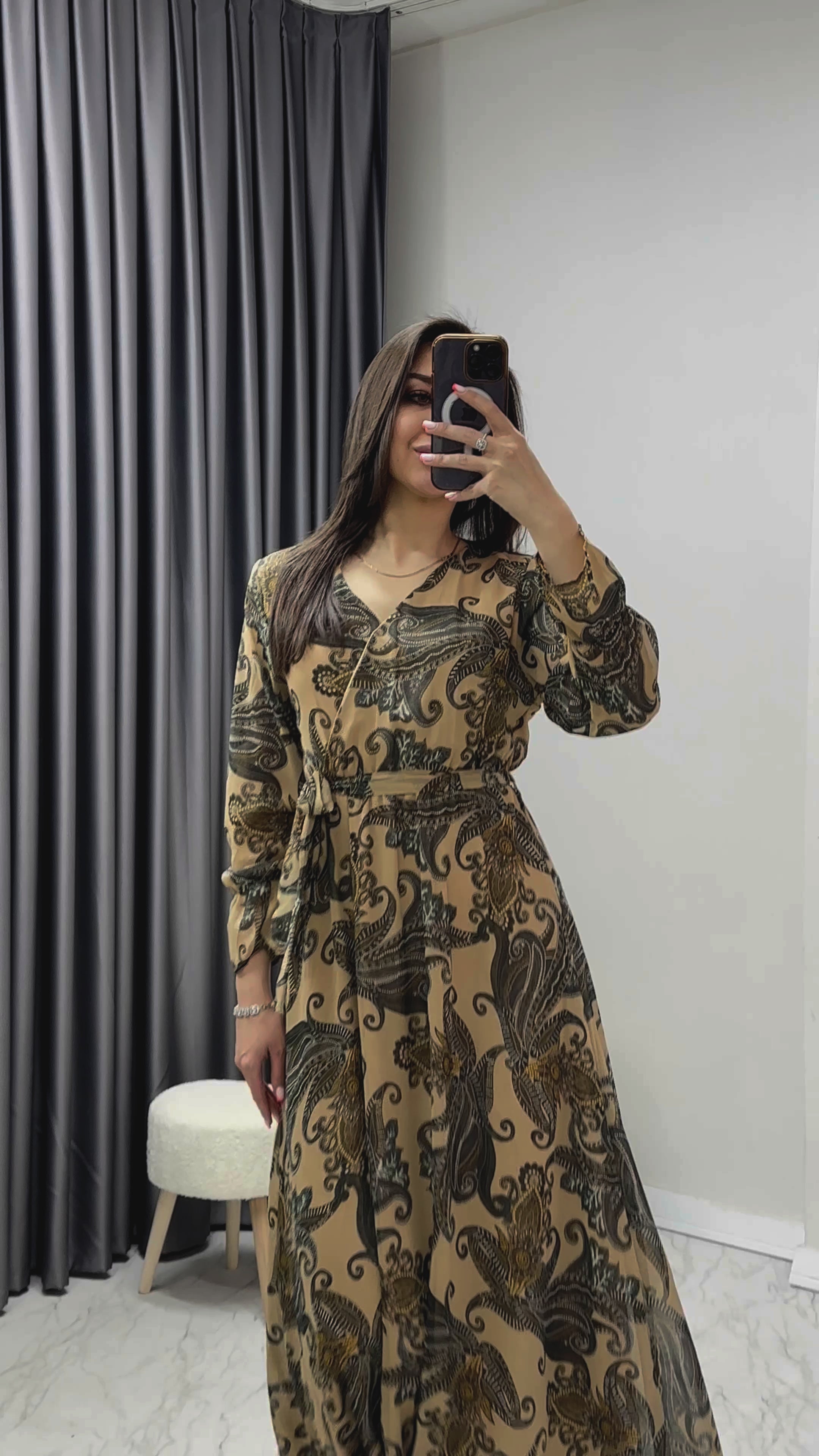 Kadın Gold Şal Desen Kruvaze Yaka Şifon Elbise

