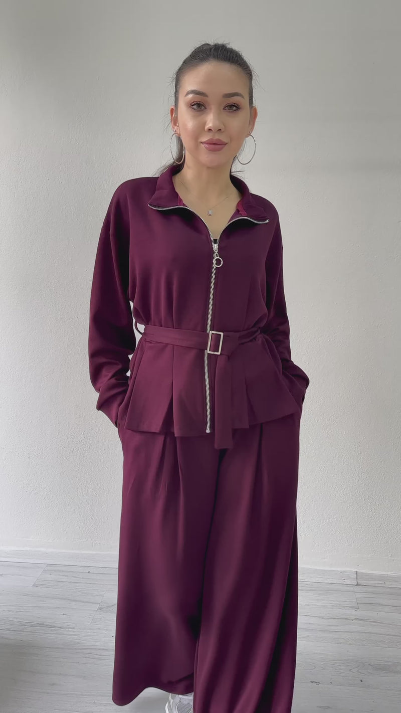 Fermuarlı Kemer Detay Geniş Paça Modal İkili Takım