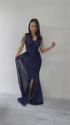 Kruvaze Yaka Omuz Detay Pul Payet Büyük Beden Abiye Elbise