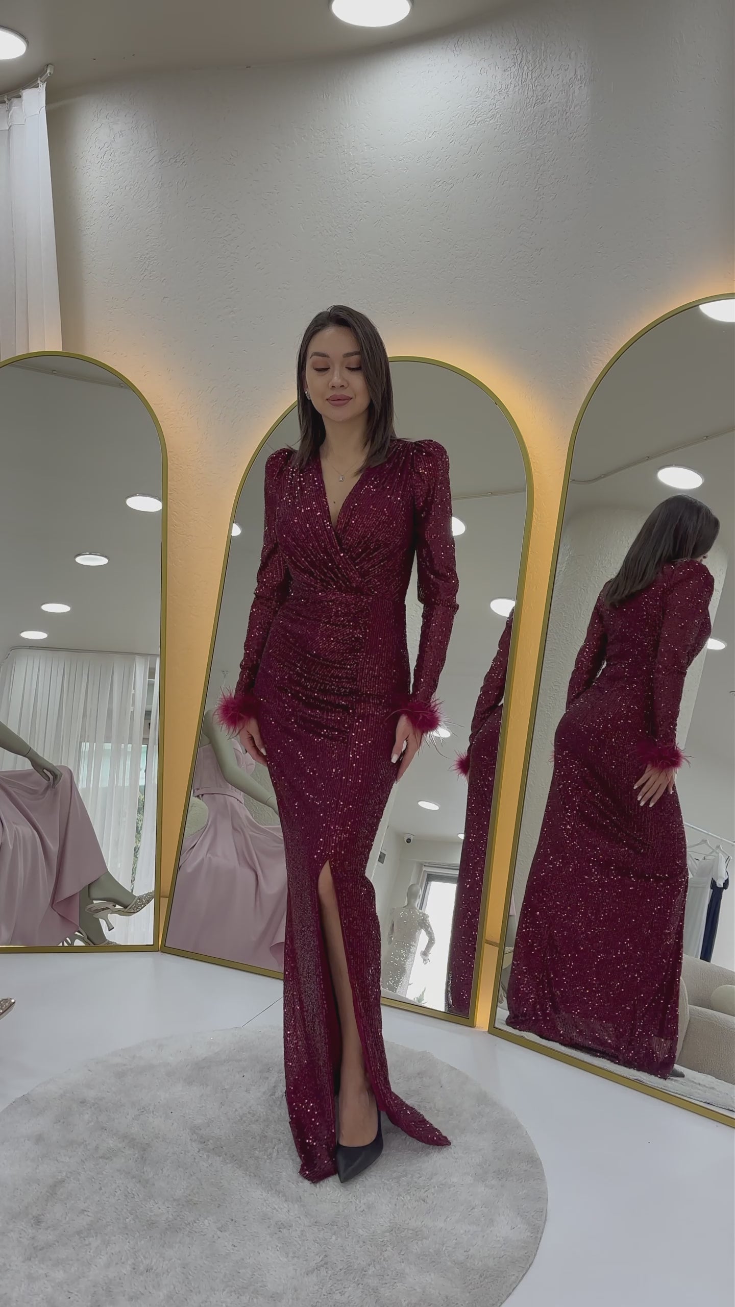 Kruvaze Yaka Pul Payet Uzun  Büyük Beden Abiye Elbise