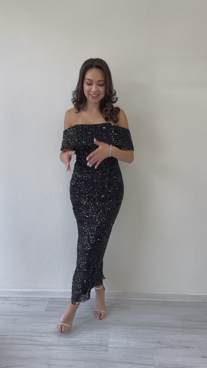 Madonna Yaka Pul İşlemeli Kalem Midi Boy Abiye Elbise