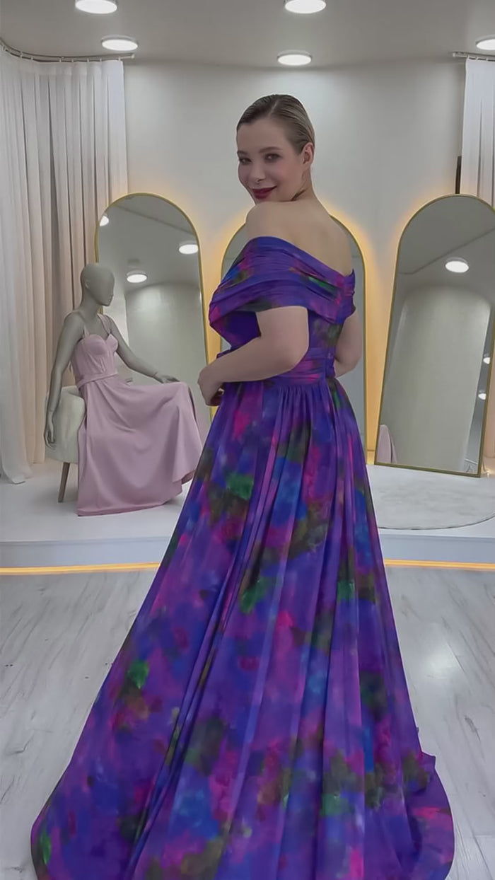 Mor Batik Desenli Madonna Yaka Desenli Tül Abiye Elbise