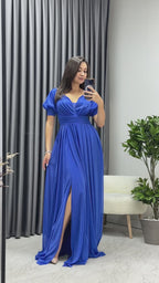 Kadın Saks Kısa Kol Drapeli Abiye Elbise