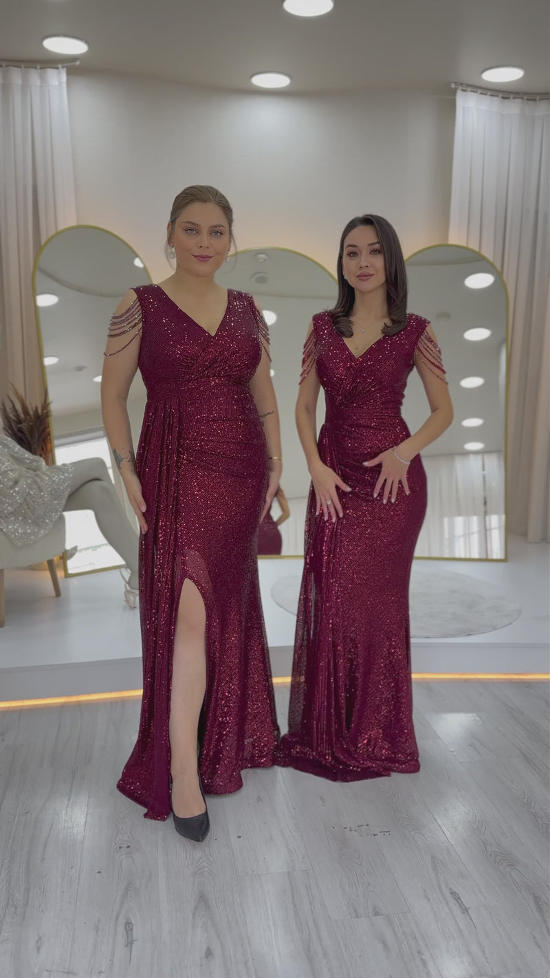 Kruvaze Yaka Omuz Detay Pul Payet Büyük Beden Abiye Elbise