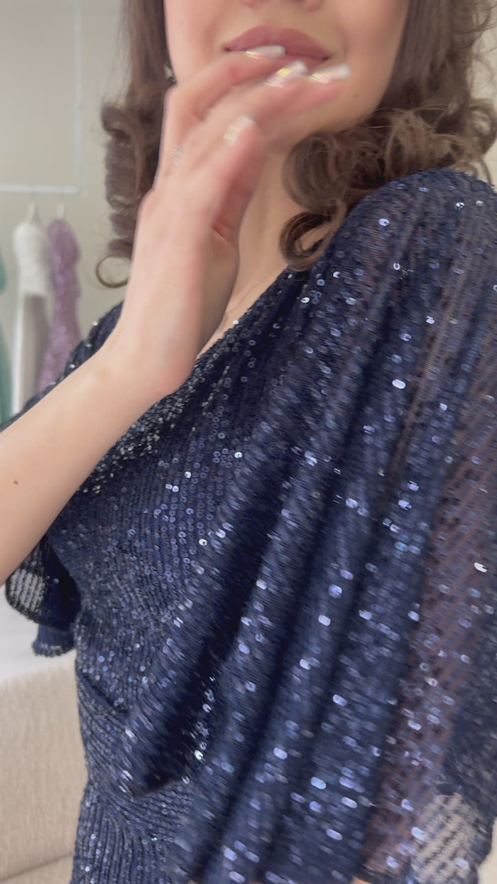 Kadın Lacivert Volan Kol Pul Payet Balık Abiye Elbise