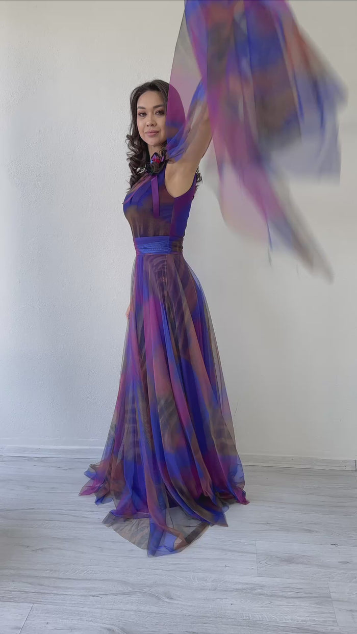 Batik Desenli Tek Omuz Tül Detaylı Abiye Elbise