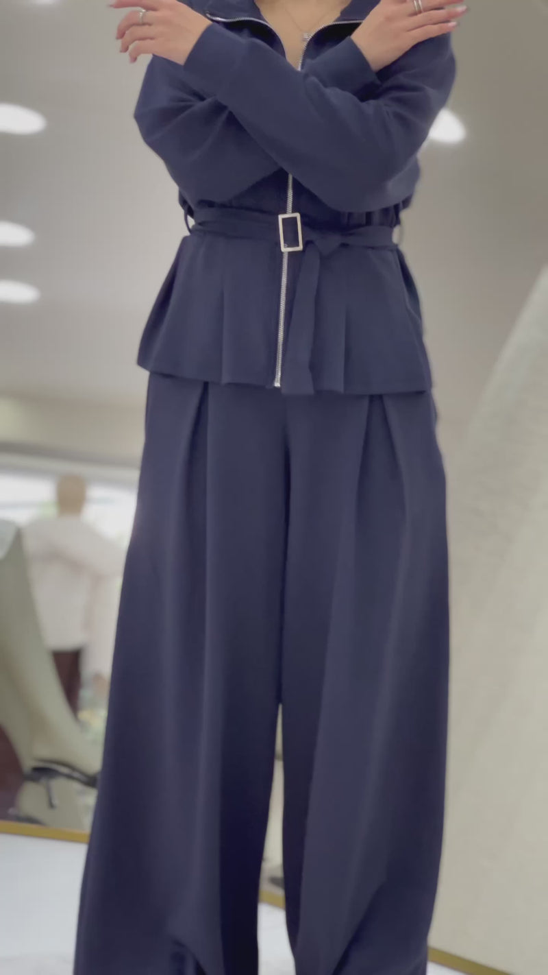 Fermuarlı Kemer Detay Geniş Paça Modal İkili Takım