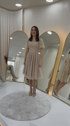 Gold Balon Kol Simli Kloş Midi Boy Abiye Elbise