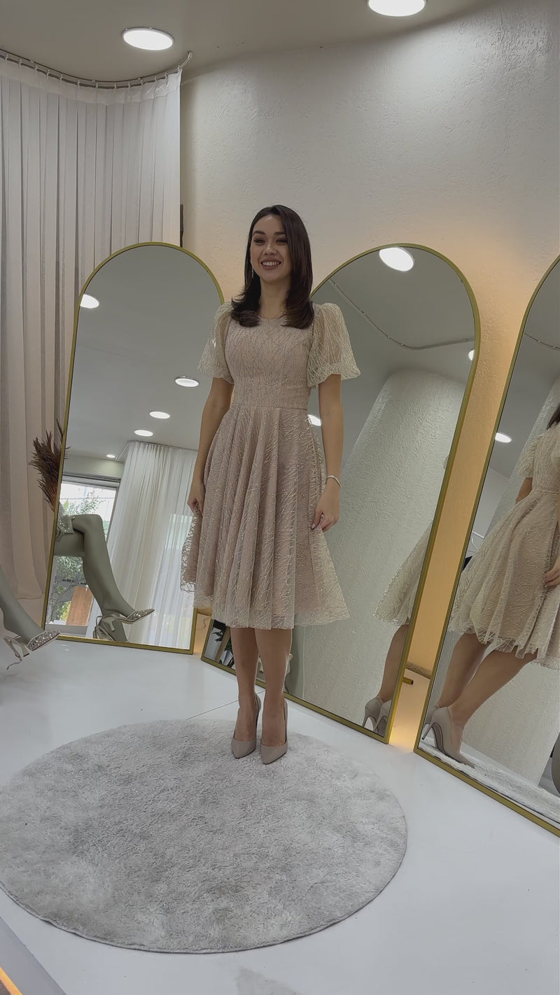 Gold Balon Kol Simli Kloş Midi Boy Abiye Elbise