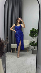 Saks Askılı Pul Payet Kruvaze Yırtmaçlı Abiye Elbise