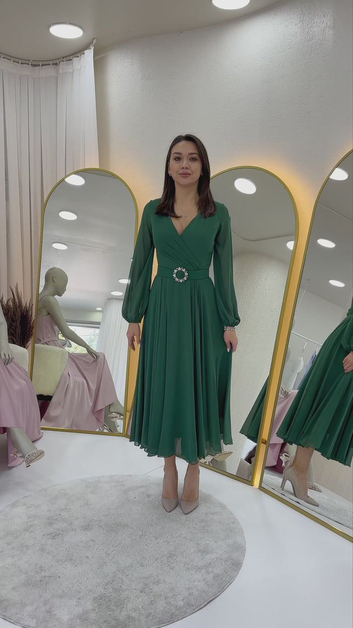 Yeşil Kruvaze Kemerli Midi Boy Şifon Elbise