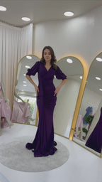 Balon Kol Simli Drapeli Volan Detay Balık Abiye Elbise