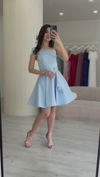 Bebe Mavisi Tek Omuz Taş Detay Mini Kloş Saten Abiye Elbise