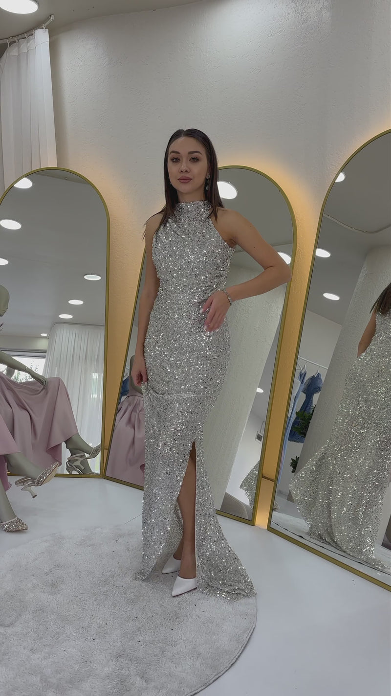 Halter Yaka Pul Payet Kuyruklu Abiye Elbise