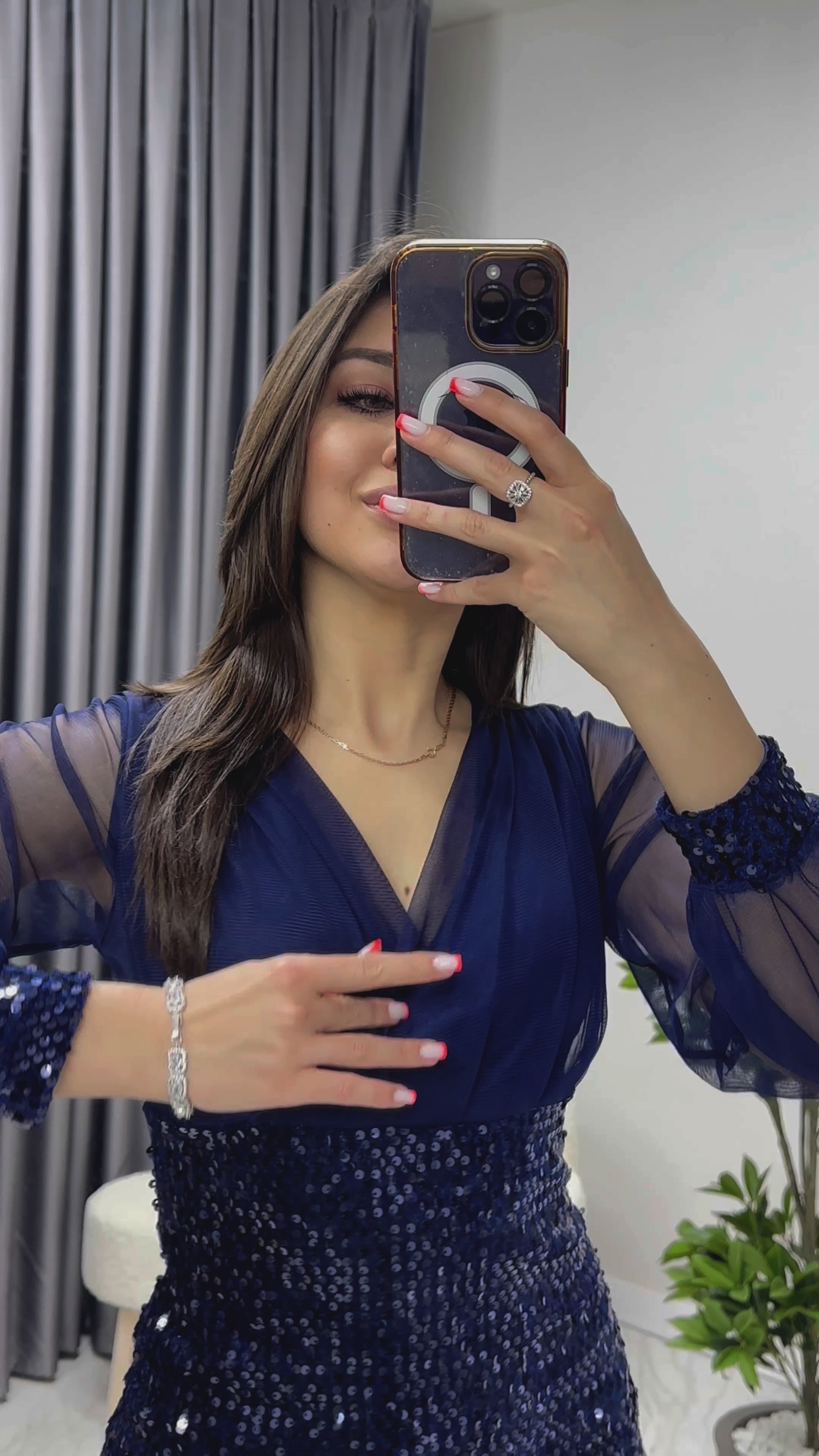 Lacivert Kruvaze Yaka Payet Mini Abiye Elbise