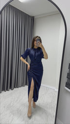 Kadın Saten Balon Kol Drapeli Yırtmaç Detaylı Abiye Elbise-Lacivert

