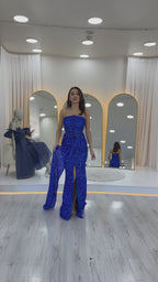 Straplez Bel Dekolteli Pul Payet Abiye Elbise