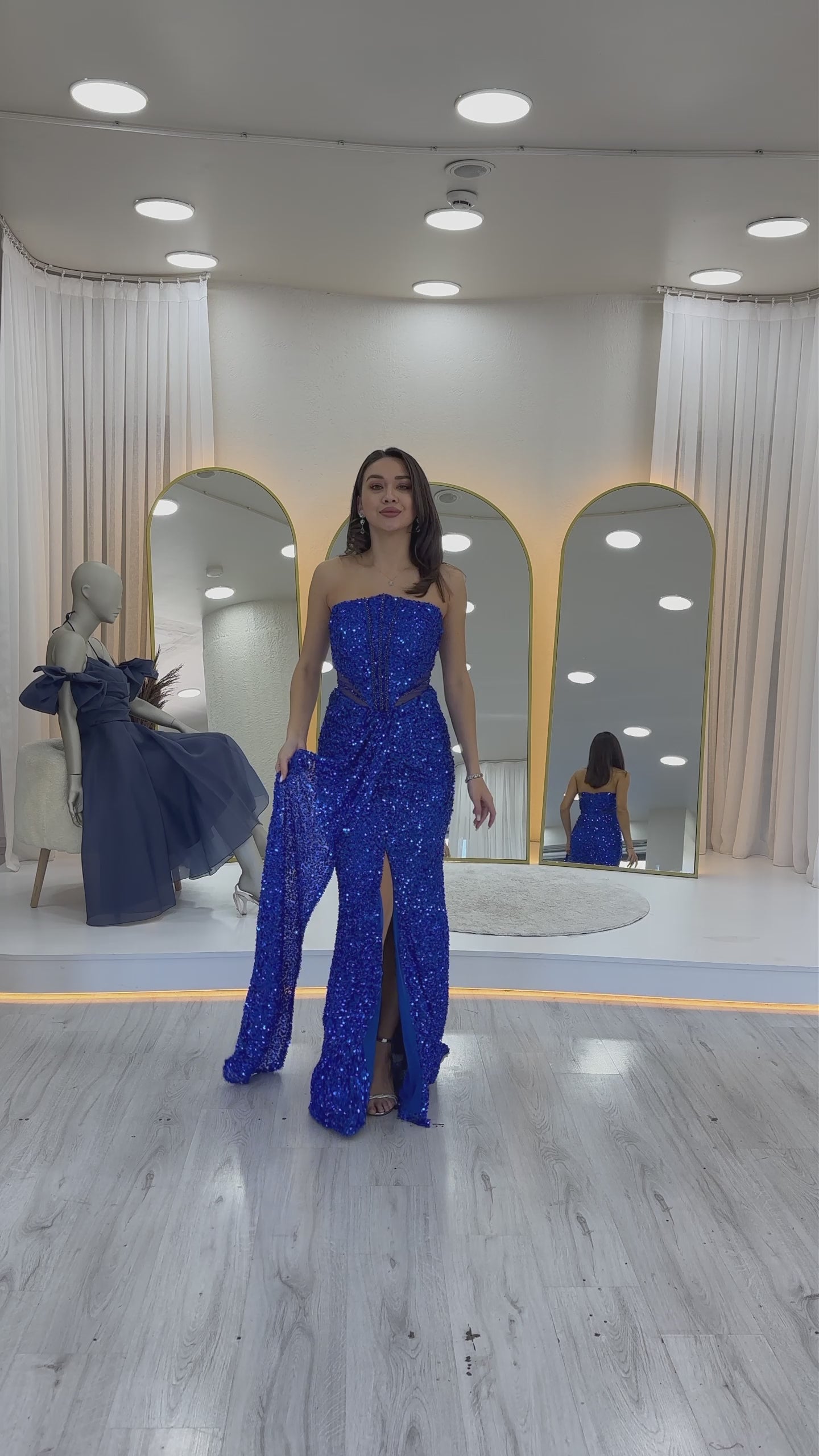 Straplez Bel Dekolteli Pul Payet Abiye Elbise