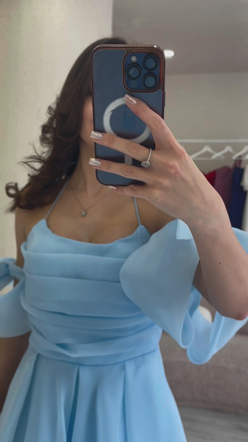 Bebe Mavisi Drapeli Boyundan Bağlamalı Fiyonk Kol Detay Organze Abiye Elbise