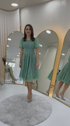 Su Yeşili Balon Kol Simli Kloş Midi Boy Abiye Elbise