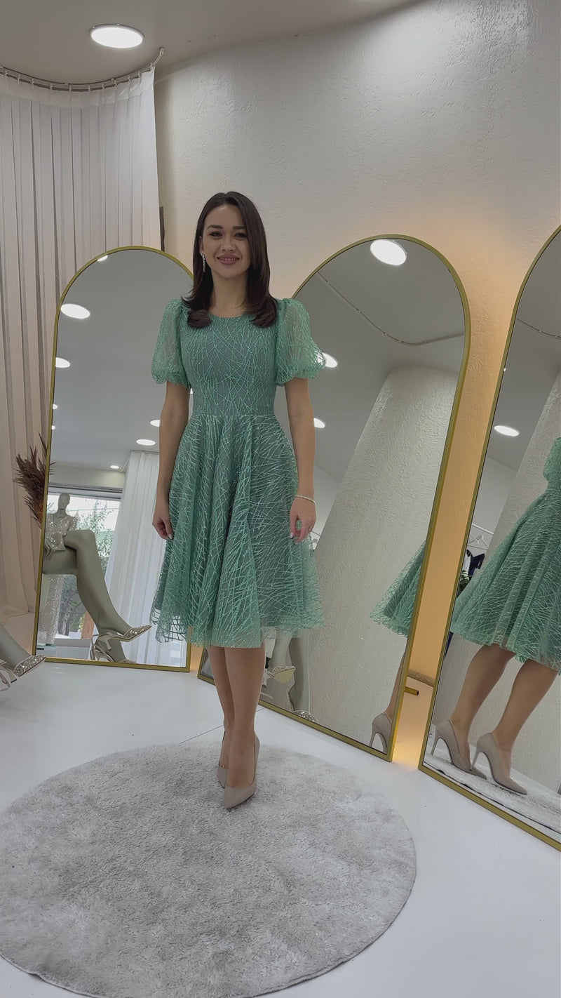 Su Yeşili Balon Kol Simli Kloş Midi Boy Abiye Elbise