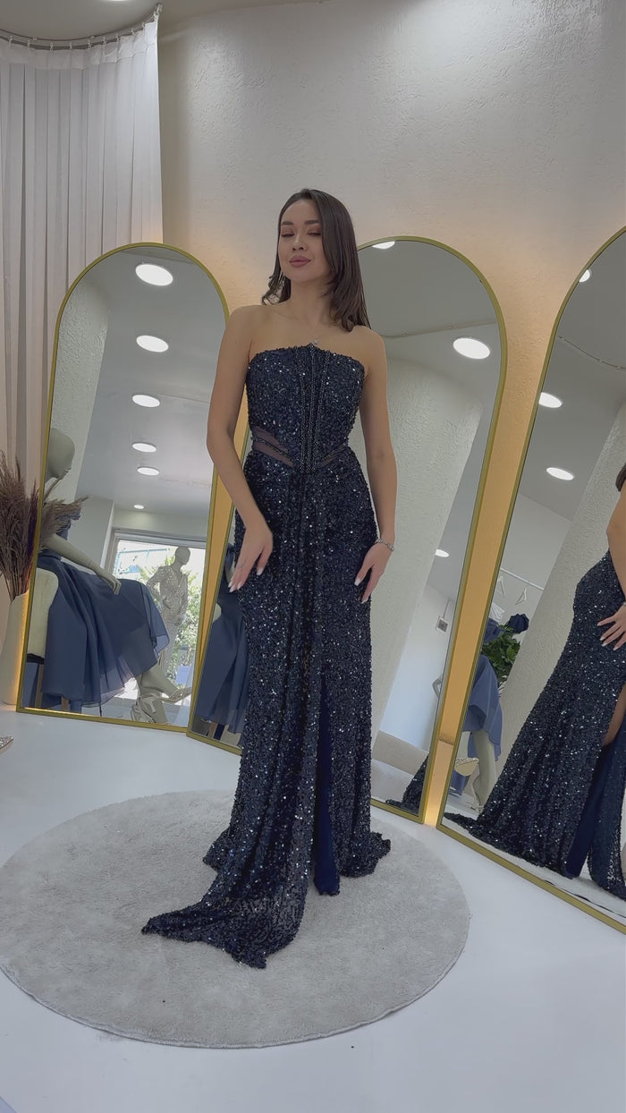 Straplez Bel Dekolteli Pul Payet Abiye Elbise