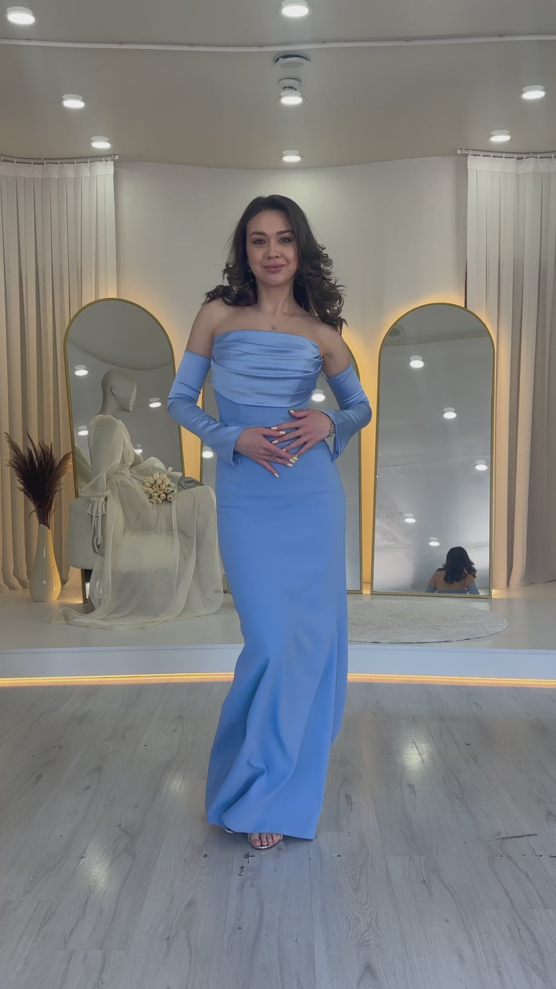 Straplez Kol Aksesuarlı Balık Saten Alya Elbise