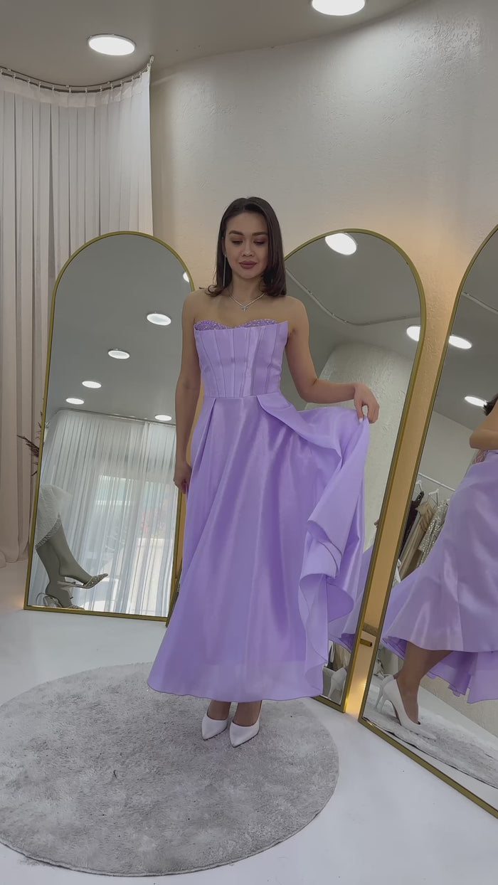  Boncuk İşlemeli Straplez Korse Görünümlü Midi Boy Prenses Abiye Elbise