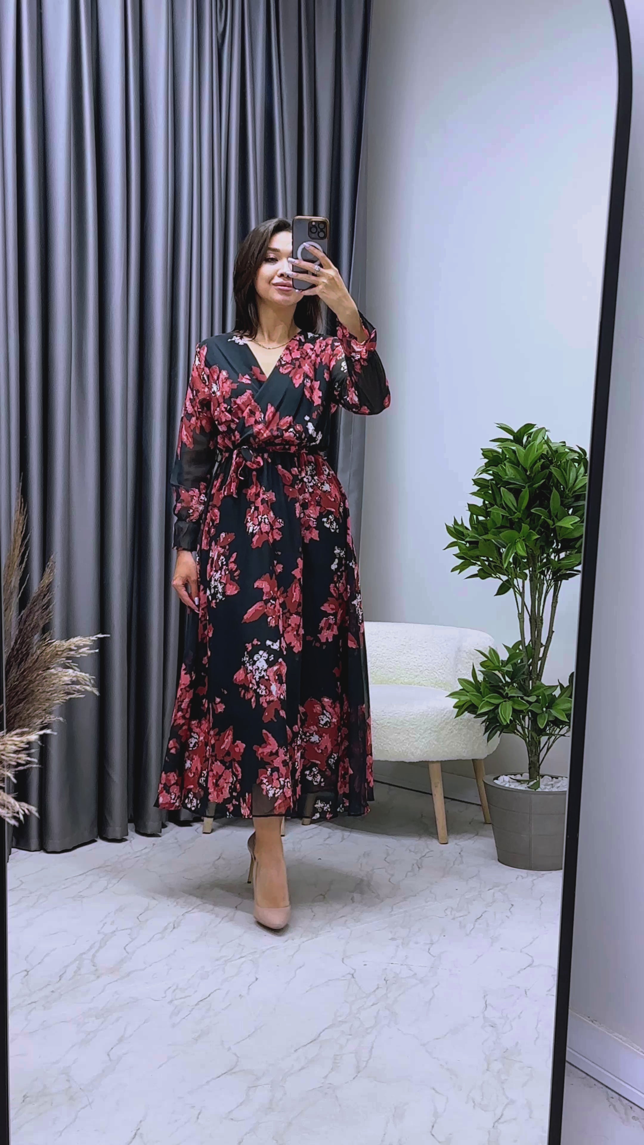 Nar Çiçeği Desenli Kruvaze Yaka Şifon Büyük Beden Elbise

