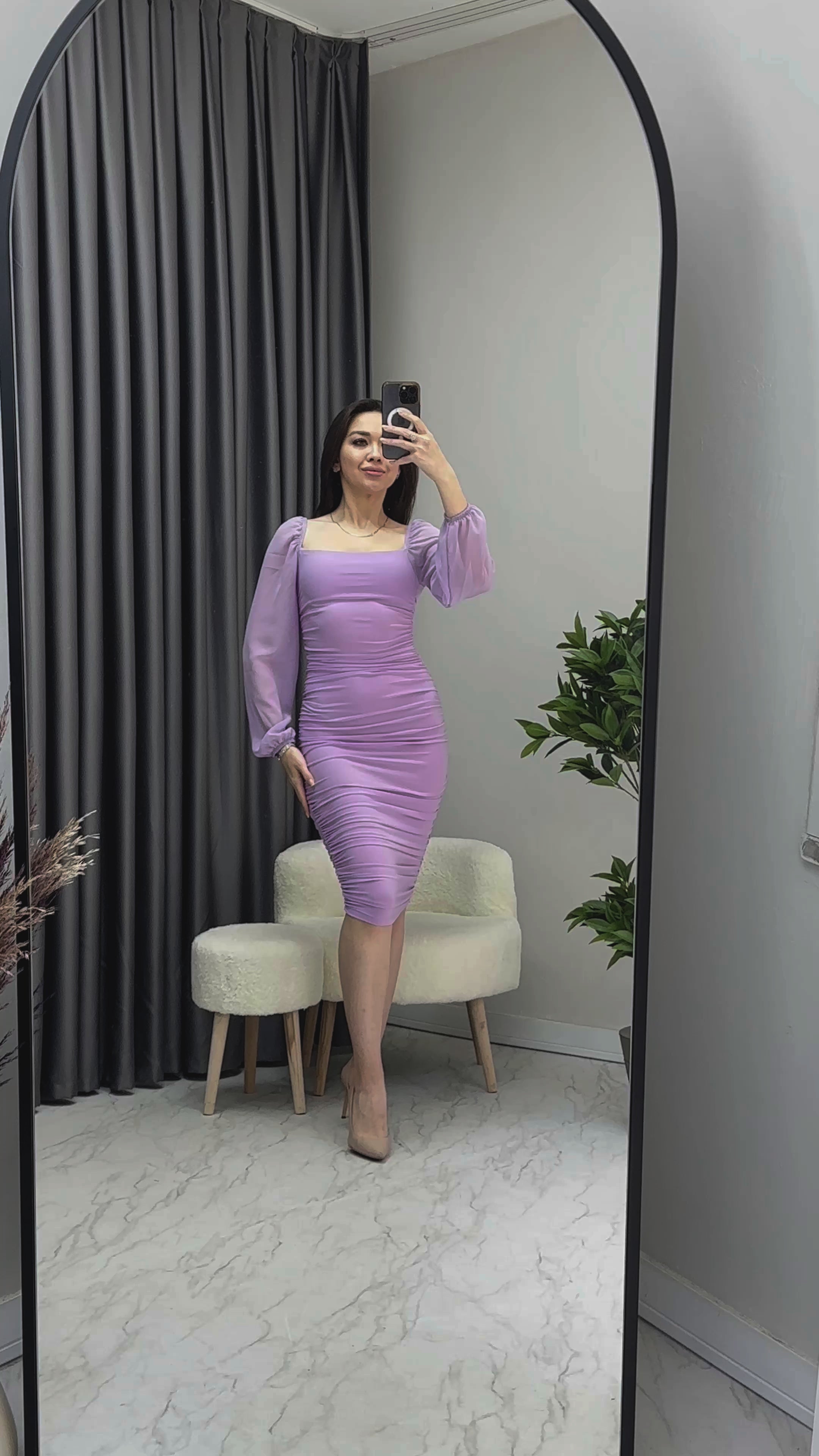 Lila Kare Yaka Drapeli Elbise