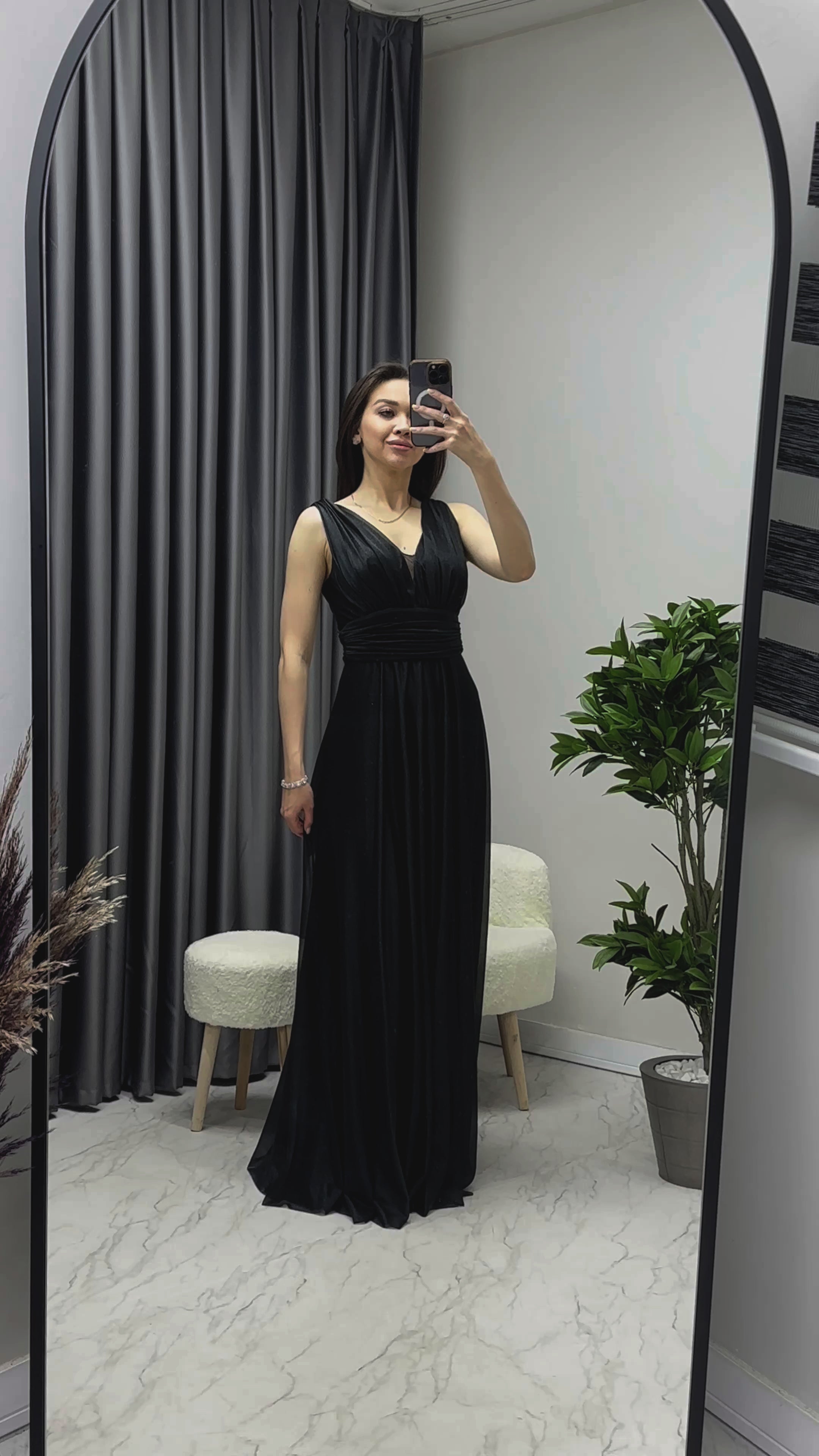 Siyah Sıfır Kol Transparan Detay Abiye Elbise