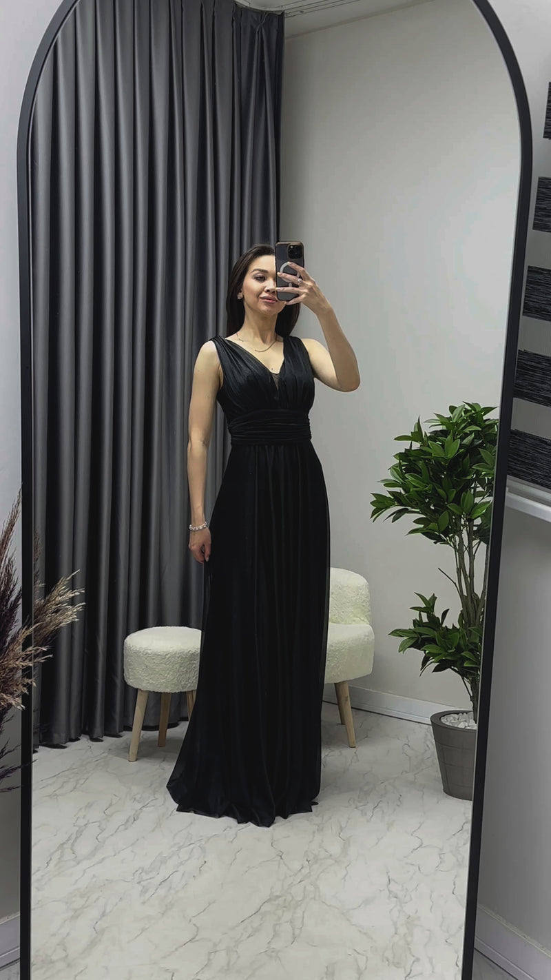 Siyah Sıfır Kol Transparan Detay Abiye Elbise