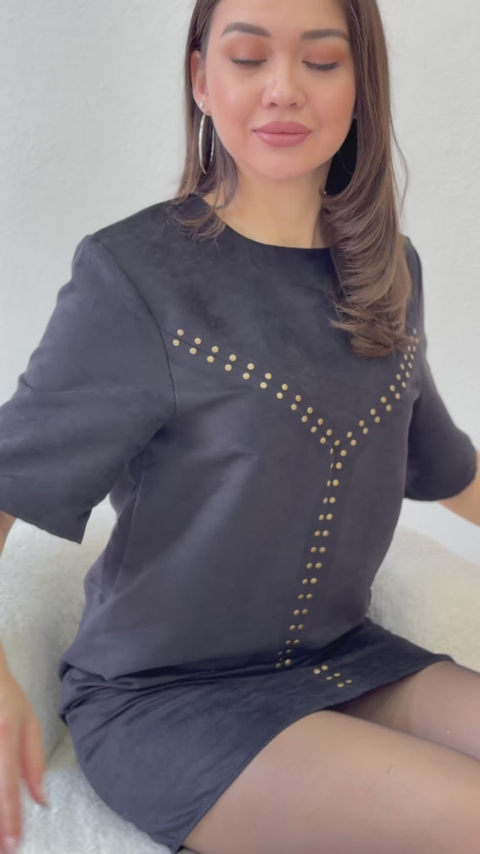 Zımba Detaylı Süet Mini Elbise