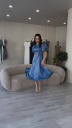 İndigo Balon Kol Taş Kemerli Midi Boy Saten Abiye Elbise