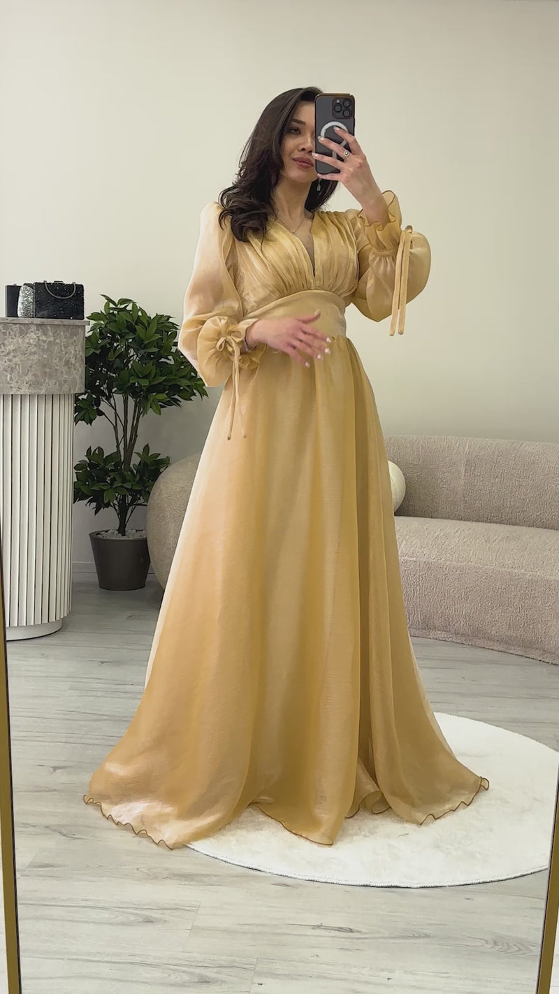 Asimetrik Etek Gold Karpuz Kol Prenses V Yaka Abiye Elbise