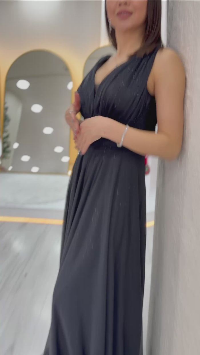 Siyah Sıfır Kol Transparan Detay Abiye Elbise