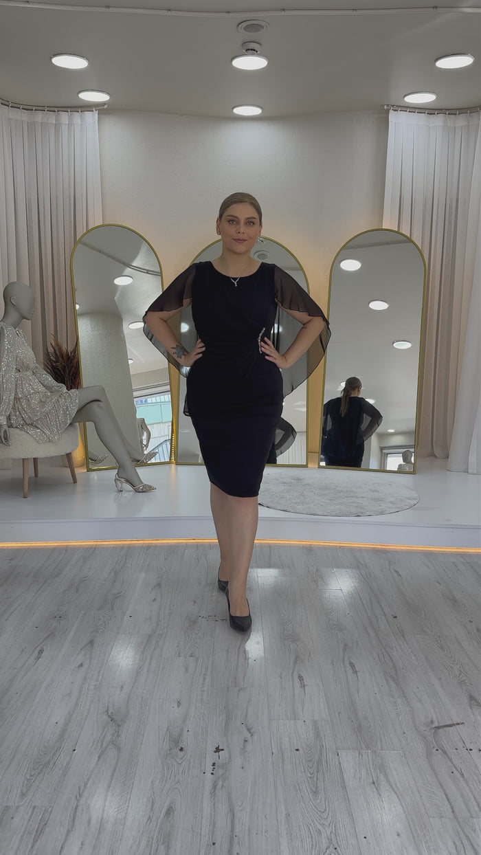Büyük Beden Midi Boy Şifon Pelerinli Abiye Elbise