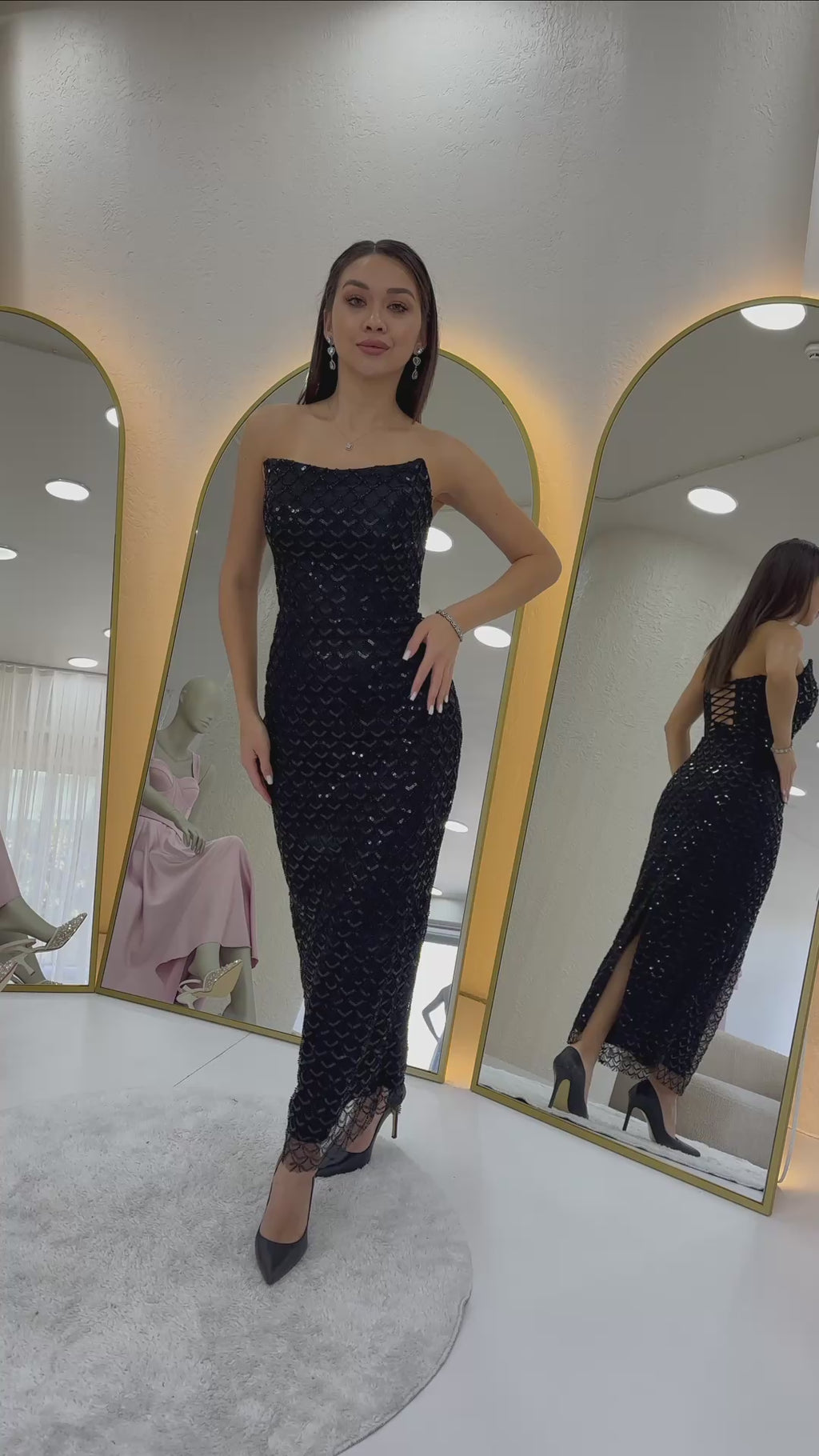 Straplez Boncuk İşlemeli Midi Boy Abiye Elbise