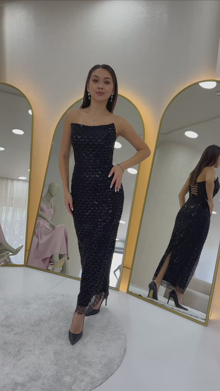 Straplez Boncuk İşlemeli Midi Boy Abiye Elbise