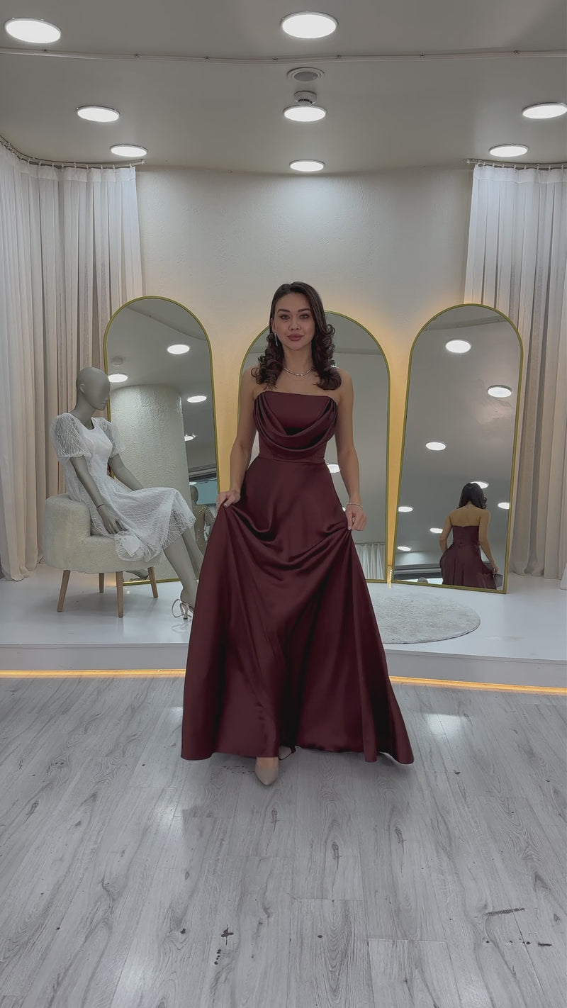 Straplez Saten Uzun Abiye Elbise