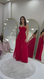 Kırmızı Sırt Dekolteli Korse Detay Yırtmaçlı Şifon Abiye Elbise