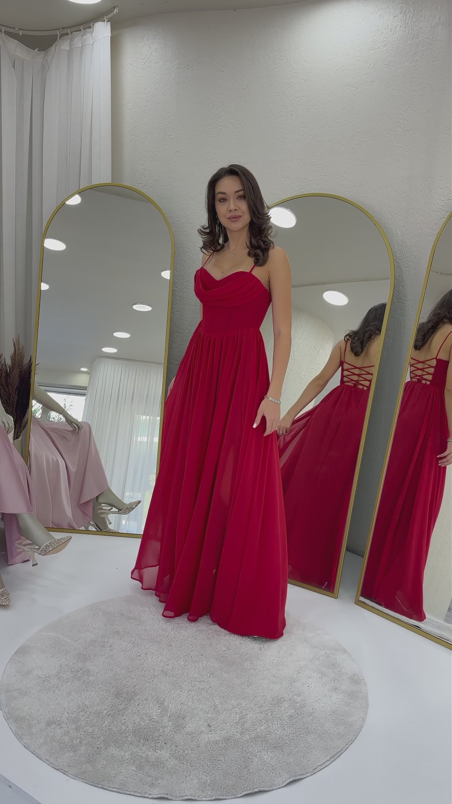 Kırmızı Sırt Dekolteli Korse Detay Yırtmaçlı Şifon Abiye Elbise