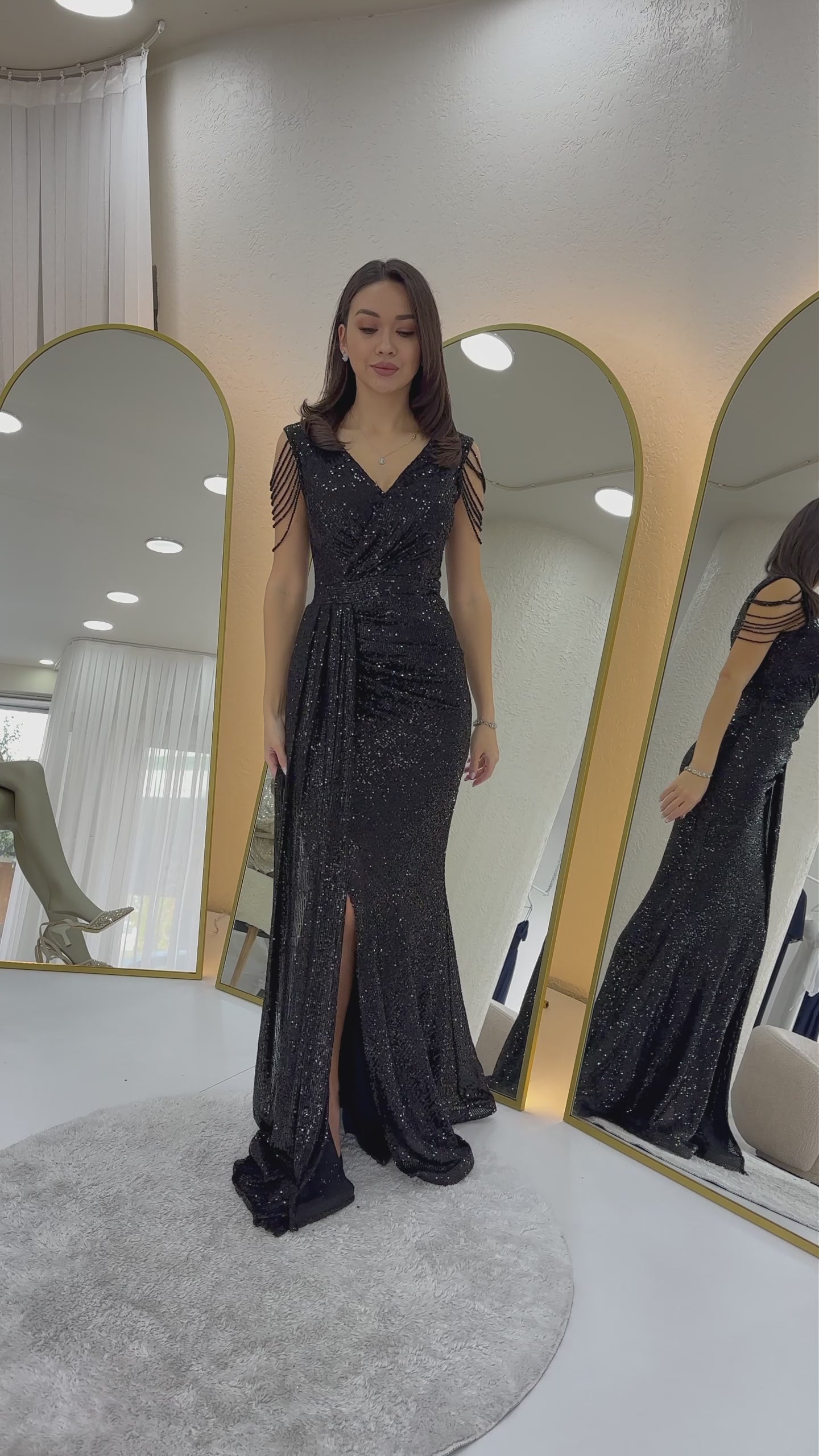 Kruvaze Yaka Omuz Detay Pul Payet Büyük Beden Abiye Elbise