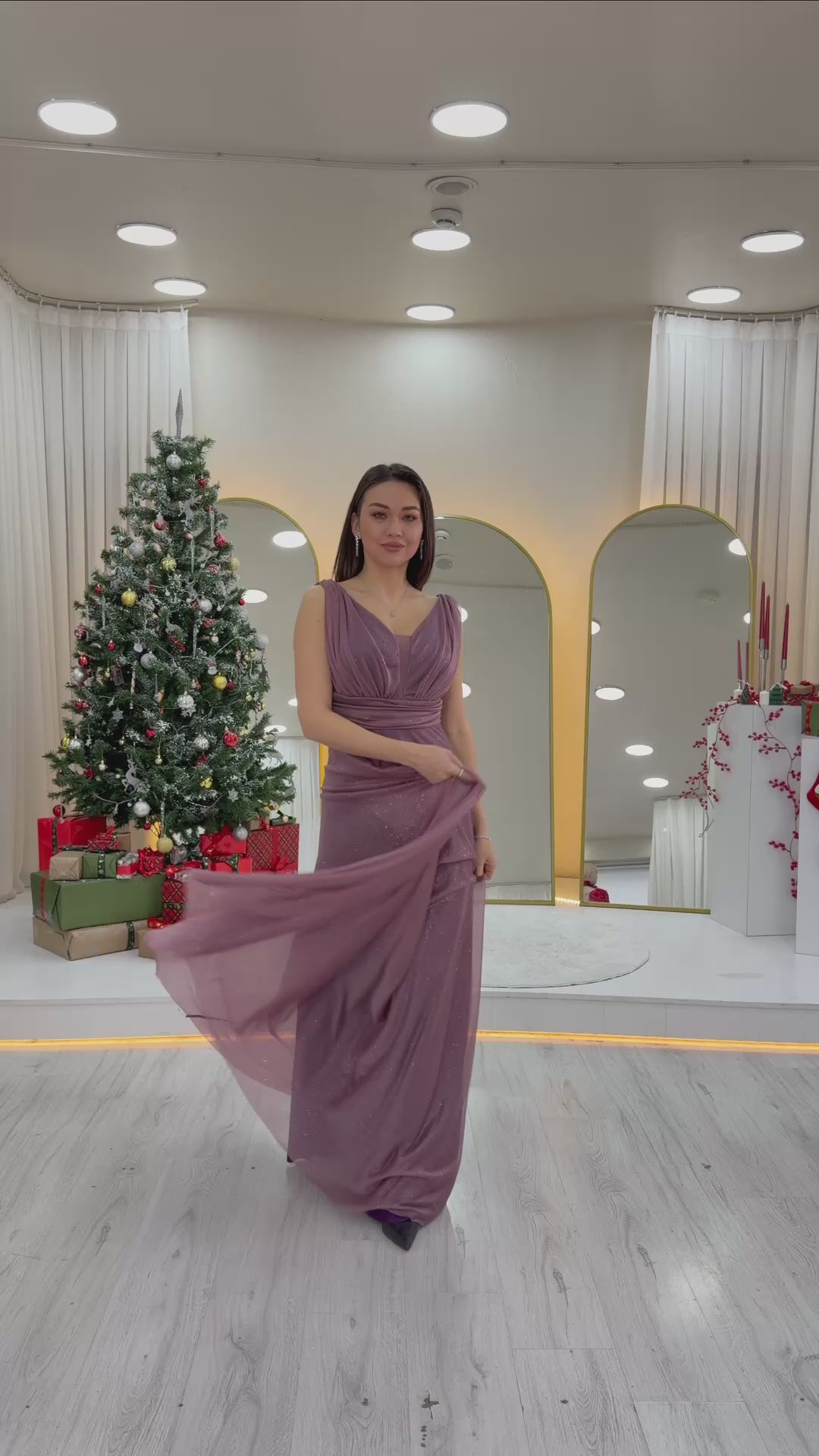 Kadın Mor Sıfır Kol Transparan Detay Abiye Elbise