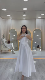  Boncuk İşlemeli Straplez Korse Görünümlü Midi Boy Prenses Abiye Elbise